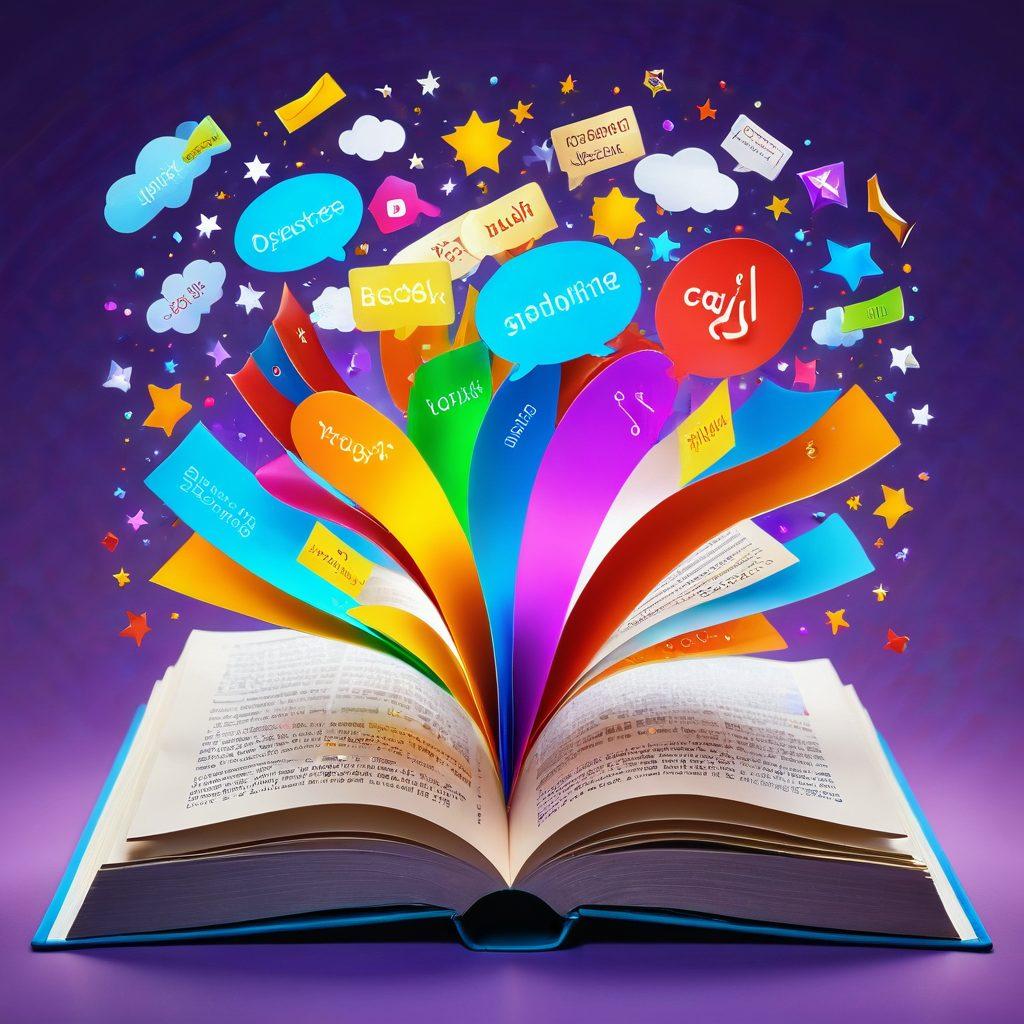 A colorful open book with glowing words floating out, symbolizing joyful communication. Diverse children enthusiastically engaging in language games around the book, laughing and sharing ideas. Bright, luminous illustrations of speech bubbles and playful icons representing various languages and cultures. The background is a soft gradient evoking a warm, inviting atmosphere. super-realistic. vibrant colors. 3D.