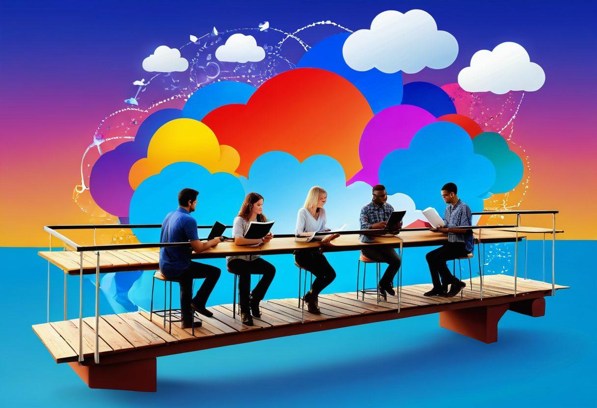 A vibrant, dynamic scene showcasing diverse individuals engaged in collaborative activities on a bridge made of books, with colorful thought bubbles illustrating ideas and communication flows. Include elements of technology, like tablets and holographic displays, symbolizing interactive learning. The background features a bright sky with soft clouds, suggesting a positive and hopeful atmosphere. Illustrate a sense of community and connection. super-realistic. vibrant colors. 3D.
